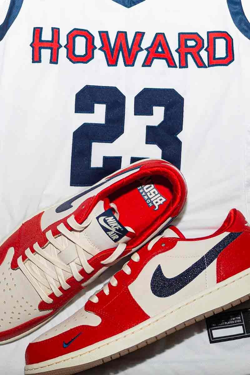 Howard University Bison Unveils Air Jordan 1 Low OG PE jordan brand michael jordan player exclusive nike swoosh red blue textured basketball