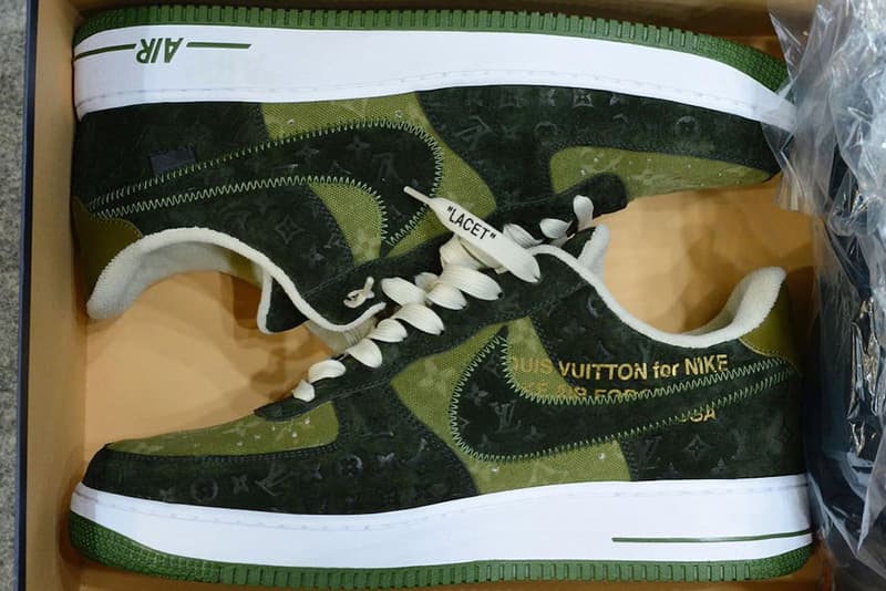 louis vuitton nike air force 1 low green suede canvas sample virgil abloh official release date info photos price store list buying guide