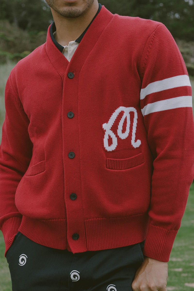 malbon golf perennial collection script cardigan argyle sweater logo pants hoodie sweatpants nylon jacket