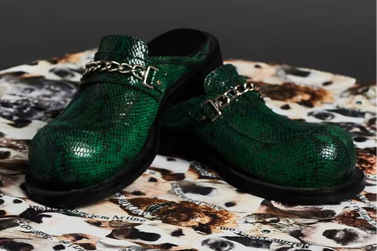 Martine Rose Drops SS23 Bulb Toe Chain Mule in Faux Green Snakeskin