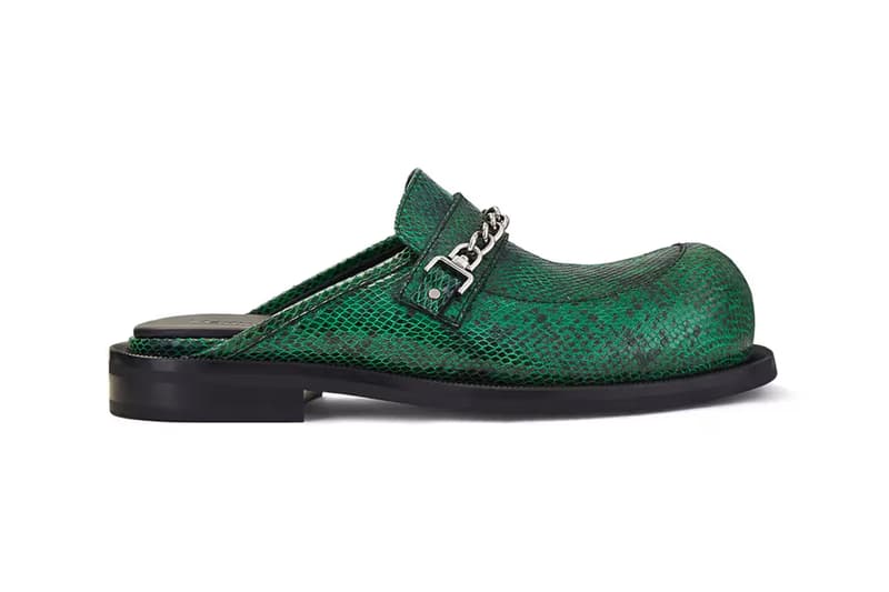 Martine Rose Chain Mule in Faux Green Snakeskin Release Information details British uk designer shoe footwear bulb toe spring summer 2023 ss23