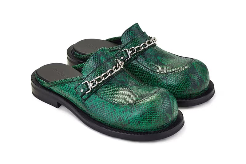 Martine Rose Chain Mule in Faux Green Snakeskin Release Information details British uk designer shoe footwear bulb toe spring summer 2023 ss23