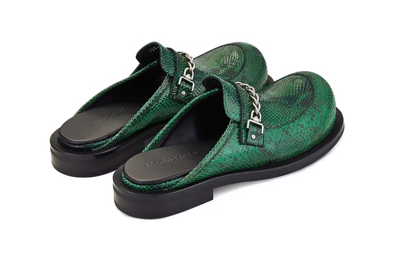 Martine Rose Chain Mule in Faux Green Snakeskin Release Information details British uk designer shoe footwear bulb toe spring summer 2023 ss23