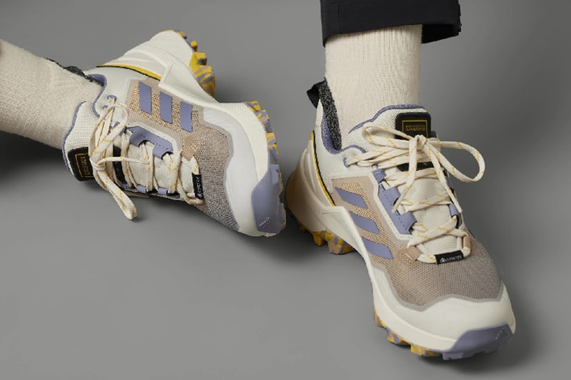 National Geographic and adidas Elevate Hiking Experiences With Terrex Swift R3 GORE-TEX Collab Off White/Silver Violet/Eqt Yellow HQ8833 nature trail inspired sustainability