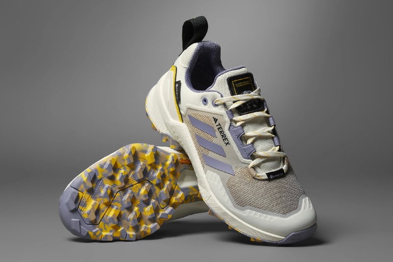 National Geographic and adidas Elevate Hiking Experiences With Terrex Swift R3 GORE-TEX Collab Off White/Silver Violet/Eqt Yellow HQ8833 nature trail inspired sustainability