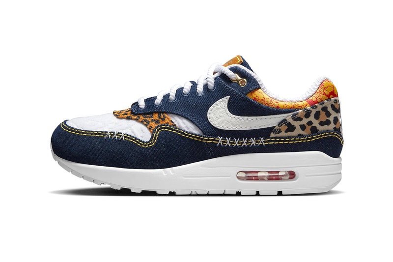 Nike Air Max 1 Premium Gets Outfitted in Denim and Leopard Print Medium Blue/White-University Gold-Picante Red-Metallic Gold-Desert Ochre FJ4452-432 april release date