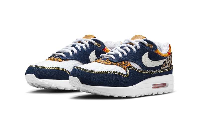 Nike Air Max 1 Premium Gets Outfitted in Denim and Leopard Print Medium Blue/White-University Gold-Picante Red-Metallic Gold-Desert Ochre FJ4452-432 april release date