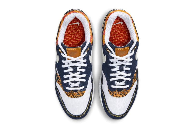 Nike Air Max 1 Premium Gets Outfitted in Denim and Leopard Print Medium Blue/White-University Gold-Picante Red-Metallic Gold-Desert Ochre FJ4452-432 april release date