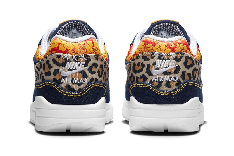 Nike Air Max 1 Premium Gets Outfitted in Denim and Leopard Print Medium Blue/White-University Gold-Picante Red-Metallic Gold-Desert Ochre FJ4452-432 april release date