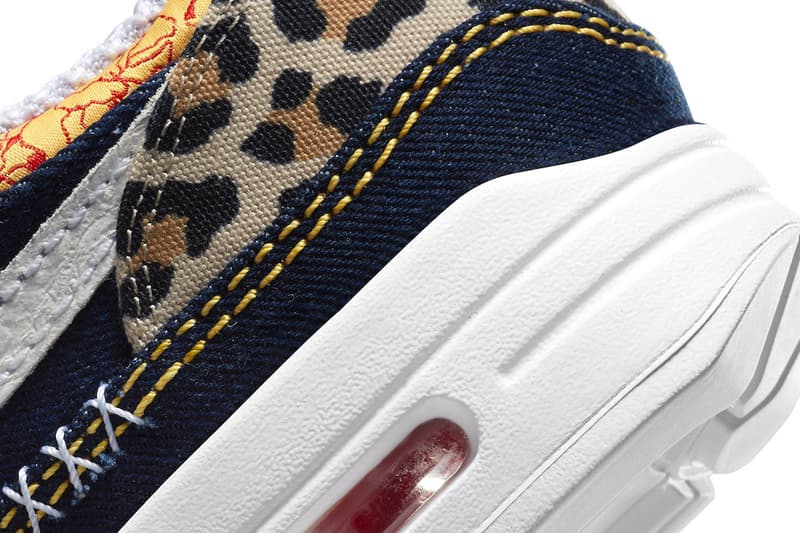 Nike Air Max 1 Premium Gets Outfitted in Denim and Leopard Print Medium Blue/White-University Gold-Picante Red-Metallic Gold-Desert Ochre FJ4452-432 april release date