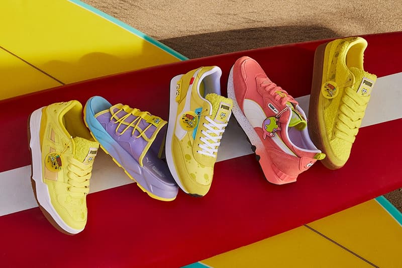 PUMA revela nova coleção em colaboração com desenho Bob Esponja 3 Puma Spongebob Squarepants colaboração camurça slipstream futuro piloto piloto fv r slide roupa parte inferior do biquíni amarelo informações de lançamento preço data