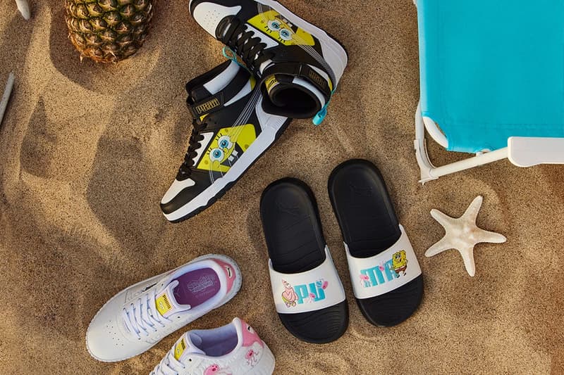 Puma Spongebob Squarepants colaboração camurça slipstream futuro piloto piloto fv r slide roupa parte inferior do biquíni amarelo informações de lançamento preço data