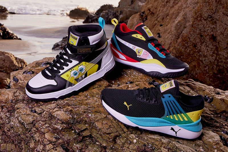 Puma Spongebob Squarepants collaboration suede slipstream future rider rider fv r slide clothing yellow bikini bottom release info date price