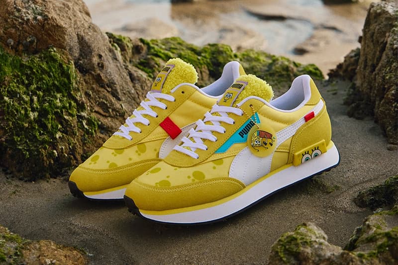 Puma Spongebob Squarepants colaboração camurça slipstream futuro piloto piloto fv r slide roupa parte inferior do biquíni amarelo informações de lançamento preço data