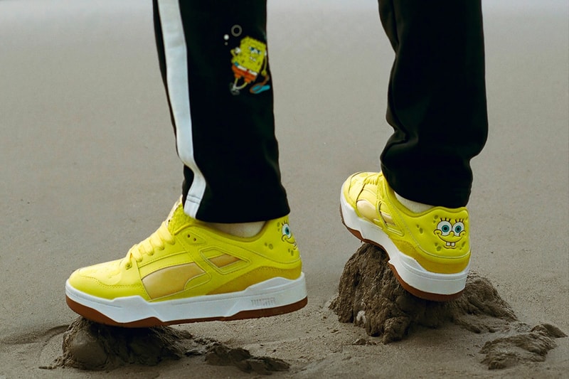 Puma Spongebob Squarepants collaboration suede slipstream future rider rider fv r slide clothing yellow bikini bottom release info date price