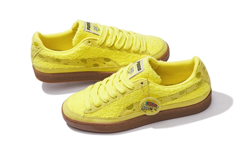 Puma Spongebob Squarepants colaboração camurça slipstream futuro piloto piloto fv r slide roupa parte inferior do biquíni amarelo informações de lançamento preço data