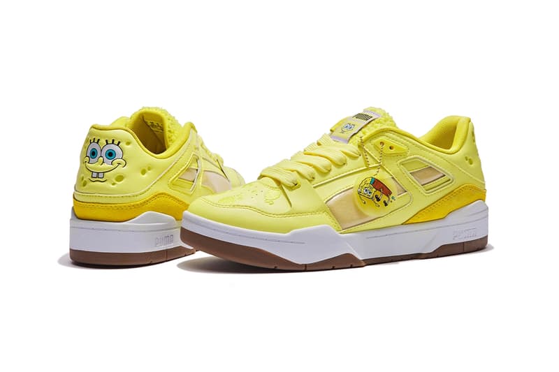 Puma Spongebob Squarepants collaboration suede slipstream future rider rider fv r slide clothing yellow bikini bottom release info date price