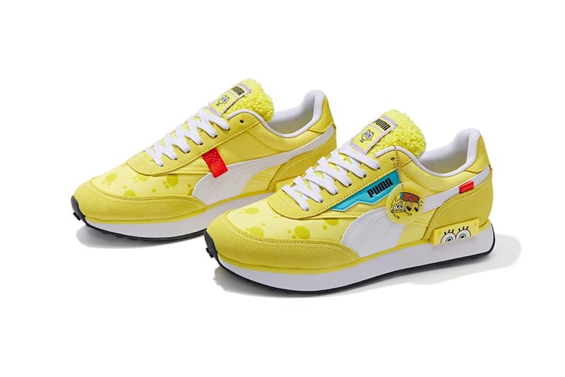 Puma Spongebob Squarepants collaboration suede slipstream future rider rider fv r slide clothing yellow bikini bottom release info date price