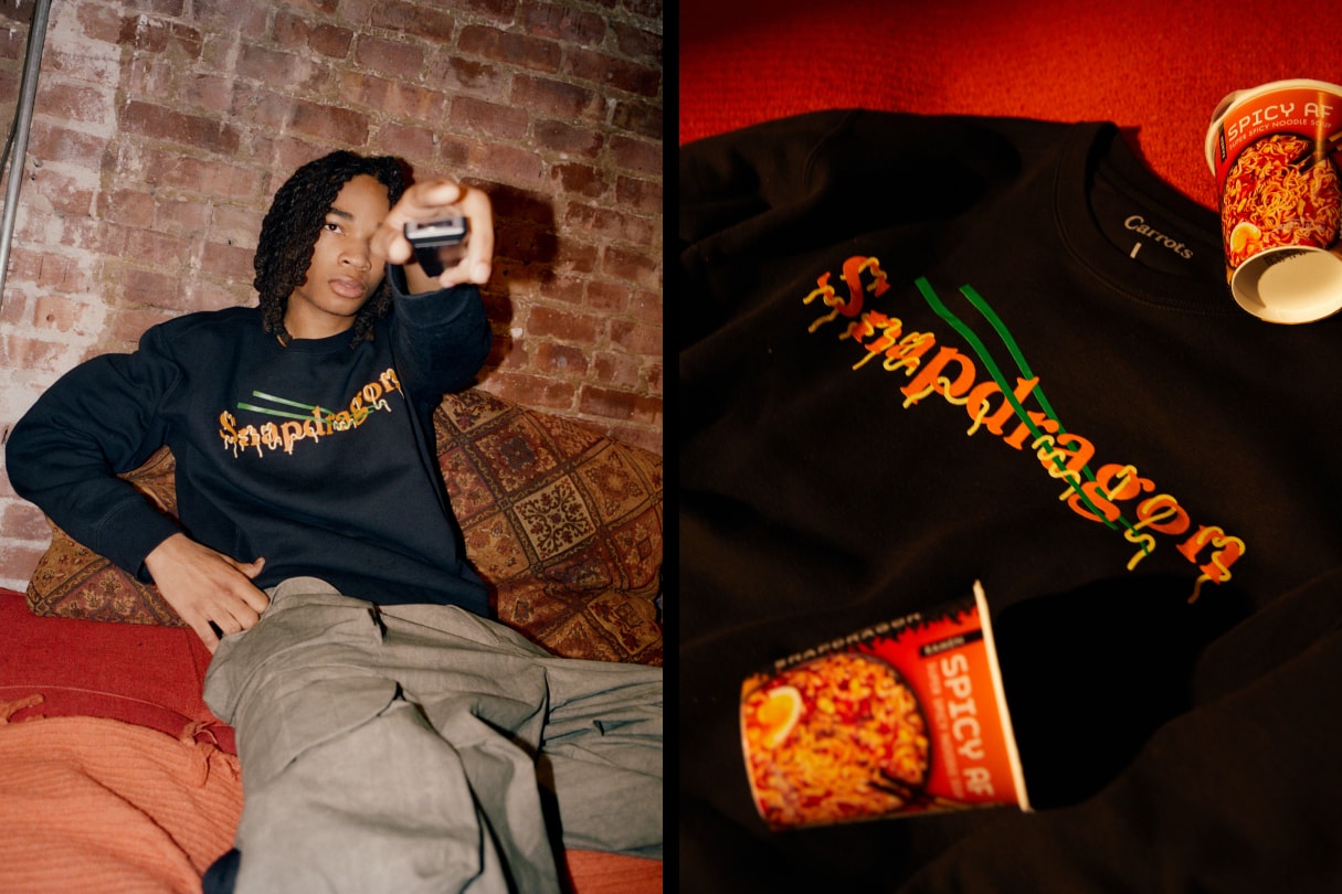 Snapdragon and Carrots Sweatshirt Collaboration black orange green streetwear hypebeast giveaway instant noodles ramen soo