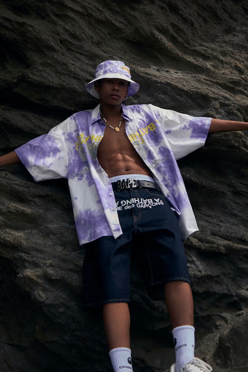 COMME des GARÇONS and BAPE Unveil SS23 Collaborative Collection collaboration nigo a bathing ape spring/summer 2023 tie dye pattern shirts jeans bucket hat shorts