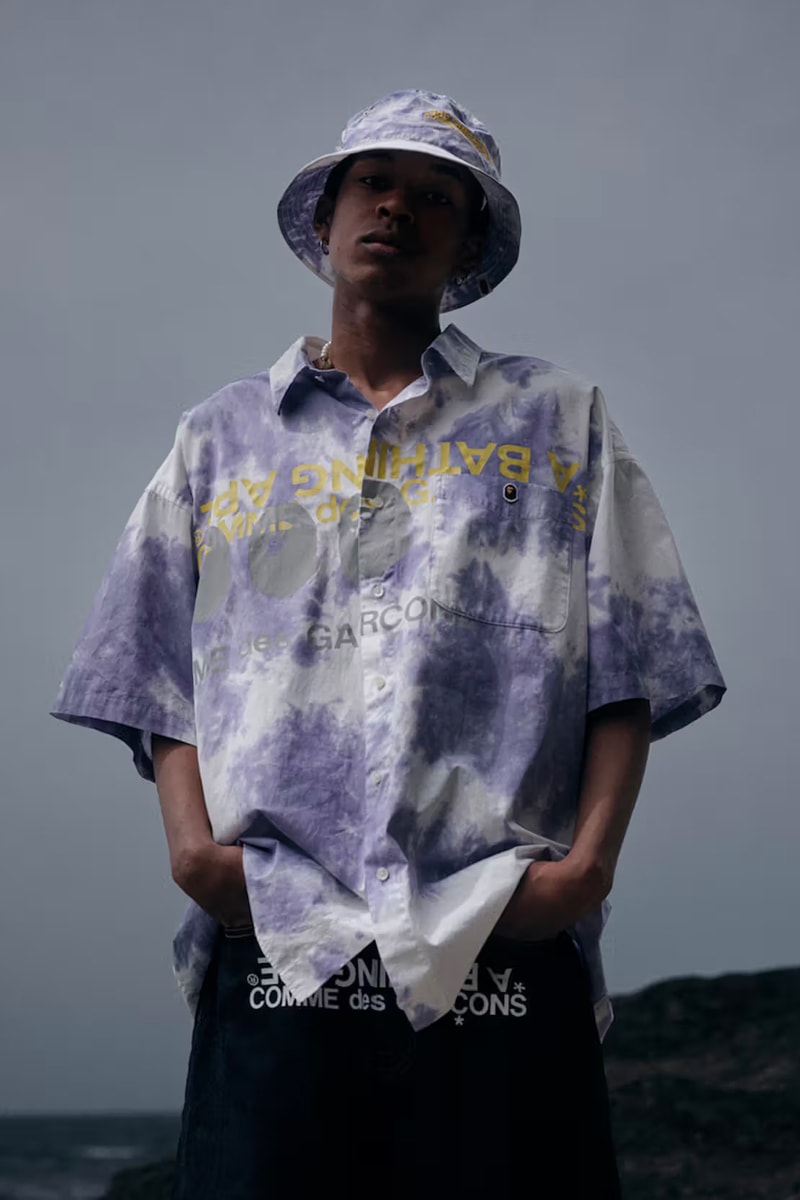 COMME des GARÇONS and BAPE Unveil SS23 Collaborative Collection collaboration nigo a bathing ape spring/summer 2023 tie dye pattern shirts jeans bucket hat shorts