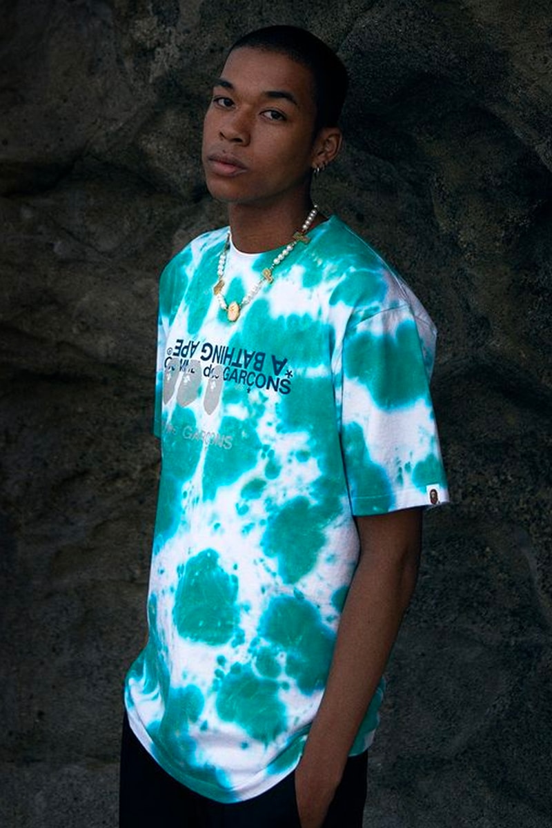 COMME des GARÇONS and BAPE Unveil SS23 Collaborative Collection collaboration nigo a bathing ape spring/summer 2023 tie dye pattern shirts jeans bucket hat shorts