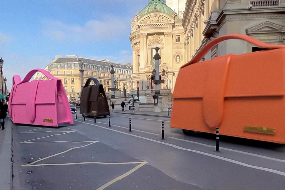 big Jacquemus buses travelling on Paris streets