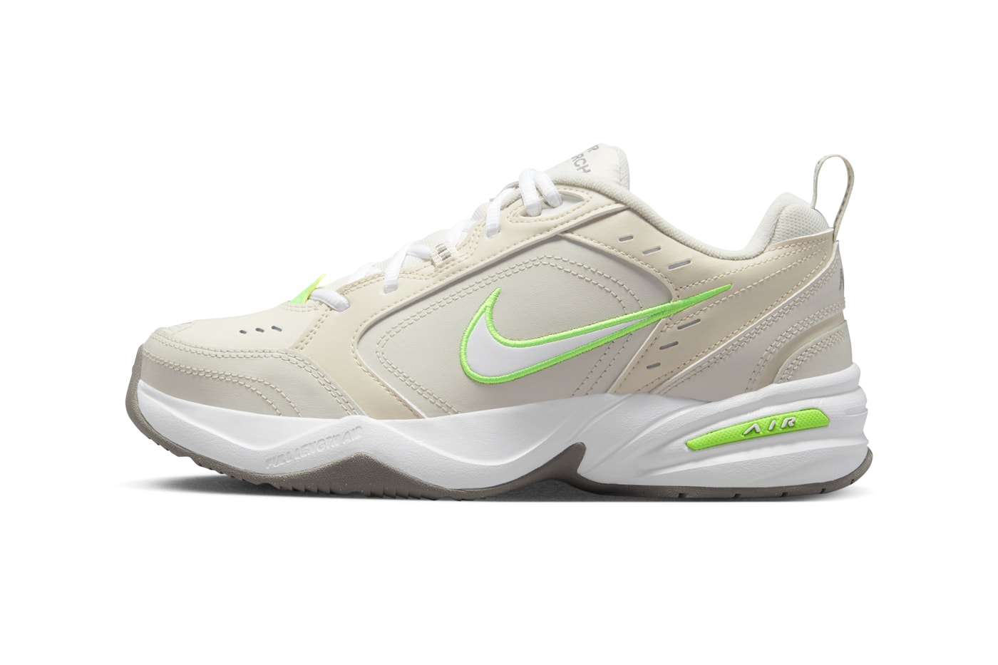 Nike Air Monarch IV Returns in "Light Bone" FN3436-011 release info Light Bone/Light Mahogany-White-Shock Green-Pewter Grey dad shoes