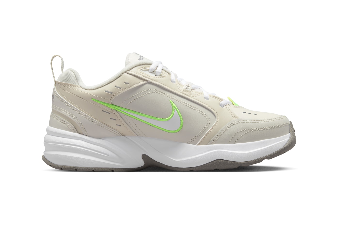 Nike Air Monarch IV Returns in "Light Bone" FN3436-011 release info Light Bone/Light Mahogany-White-Shock Green-Pewter Grey dad shoes