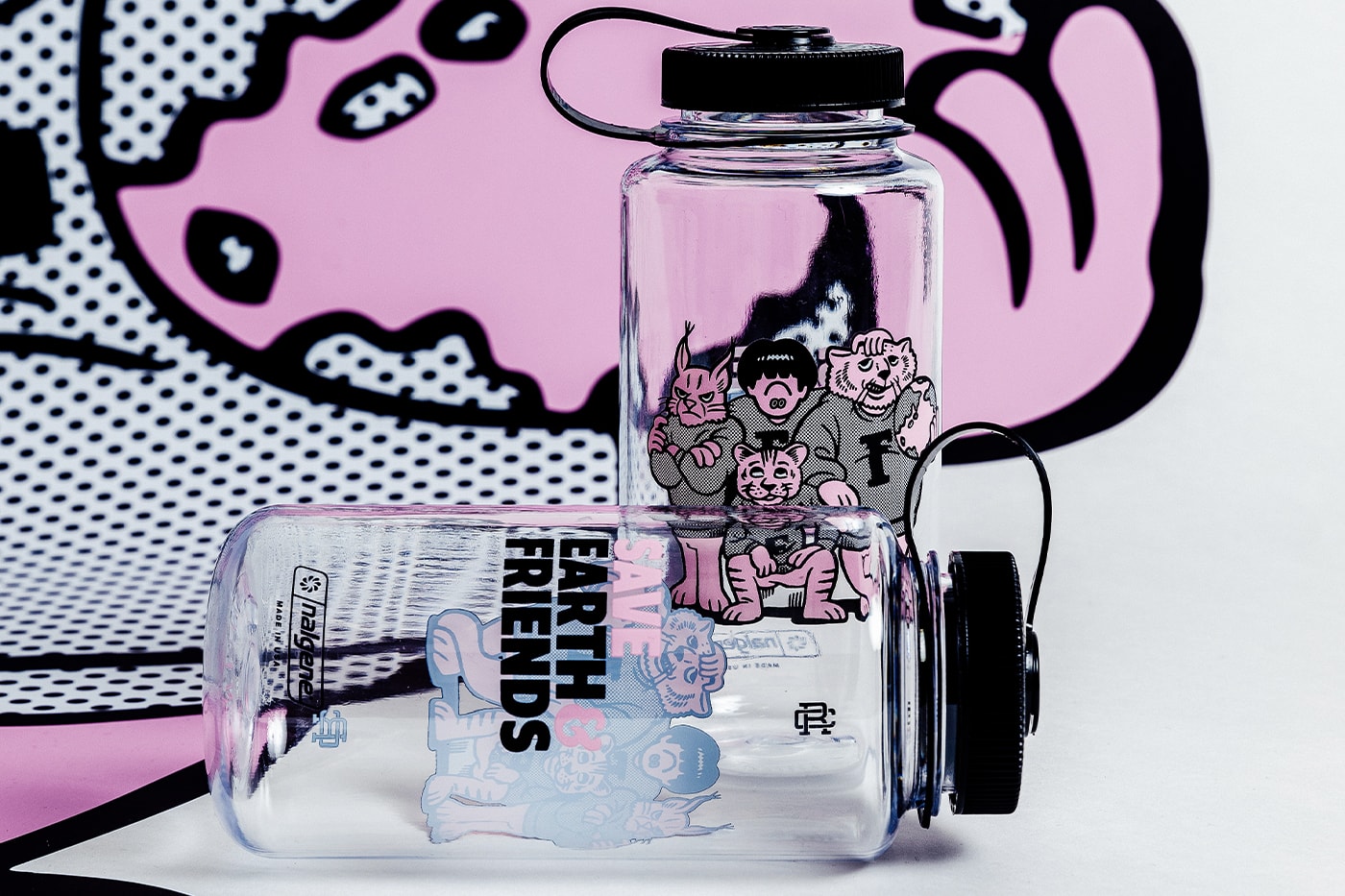Reigning Champ Teams Up with Face Oka for Earth Day Collection pink cat graphic tee nalgene bottle release info date price