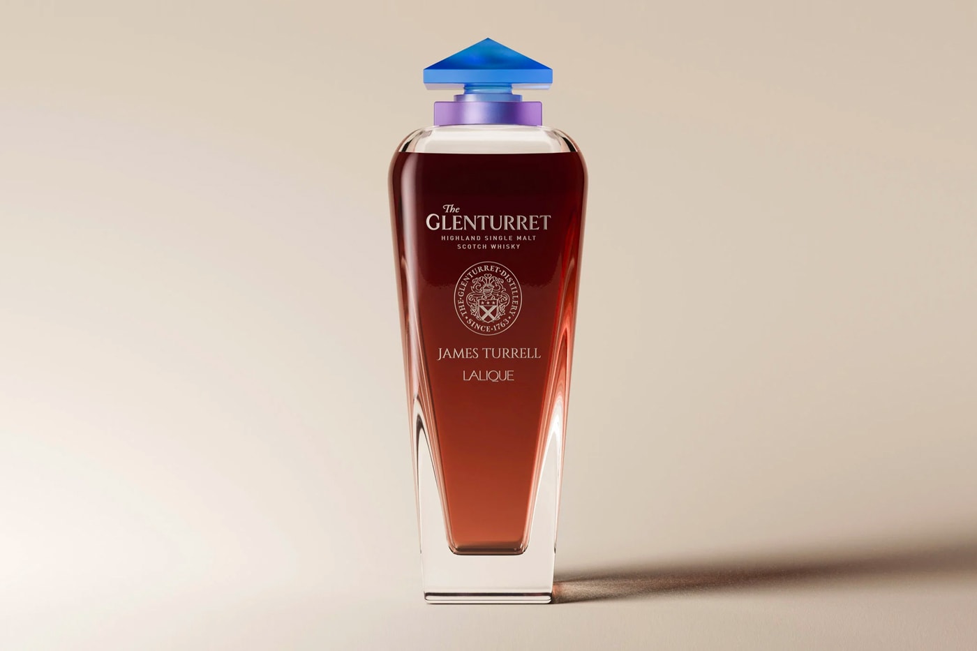James Turrell Reveals $100K USD Limited-Edition Decanter with The Glenturret and Lalique bottle craftsmanship 80th birthday scotland's oldest working distillery luxury french glassmaker artist contemporary art referencing egypt