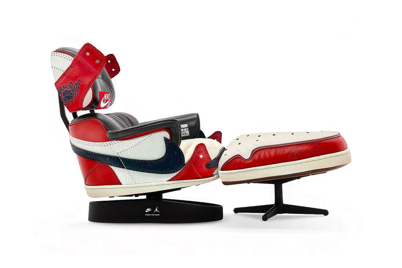 MarkVonRama Ai art Reimagines Iconic Chairs With Sneaker Elements Air Jordan Nike Eames Vitra mies van der rohe images info