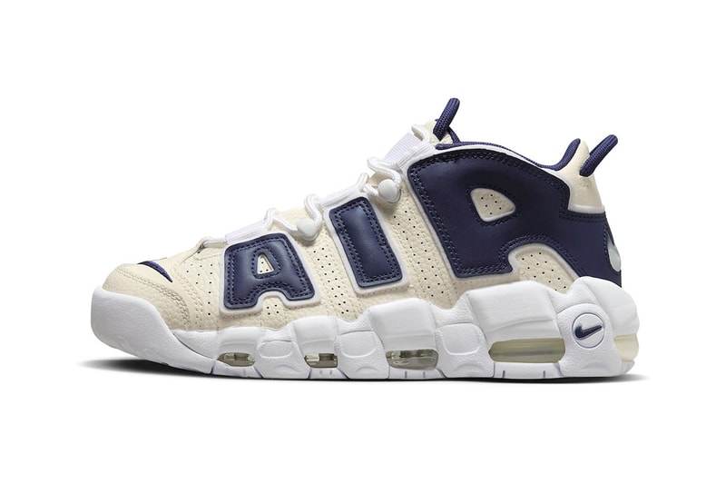 Nike Air More Uptempo Arrives in "Coconut Milk/Navy" FQ2762-100 release info high top basketball shoes leather retro air jordan branding 