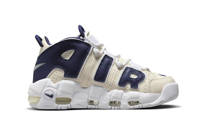 Nike Air More Uptempo Arrives in "Coconut Milk/Navy" FQ2762-100 release info high top basketball shoes leather retro air jordan branding 