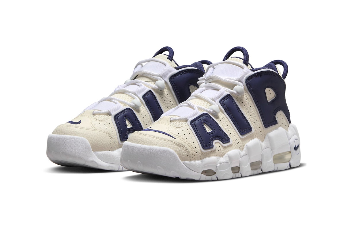 Nike Air More Uptempo Arrives in "Coconut Milk/Navy" FQ2762-100 release info high top basketball shoes leather retro air jordan branding 