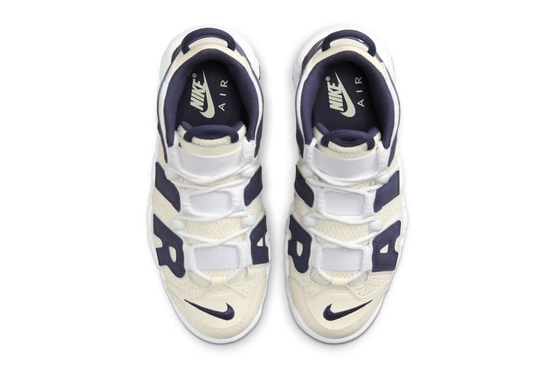 Nike Air More Uptempo Arrives in "Coconut Milk/Navy" FQ2762-100 release info high top basketball shoes leather retro air jordan branding 