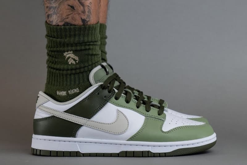 On-Feet Look at the Nike Dunk Low "Oil Green" FN6882-100 White/Light Bone-Oil Green-Cargo Khaki release info 