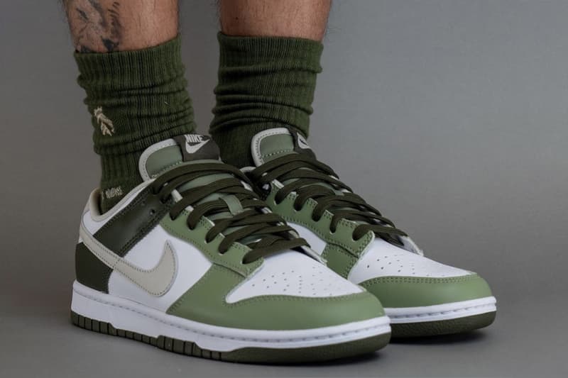 On-Feet Look at the Nike Dunk Low "Oil Green" FN6882-100 White/Light Bone-Oil Green-Cargo Khaki release info 