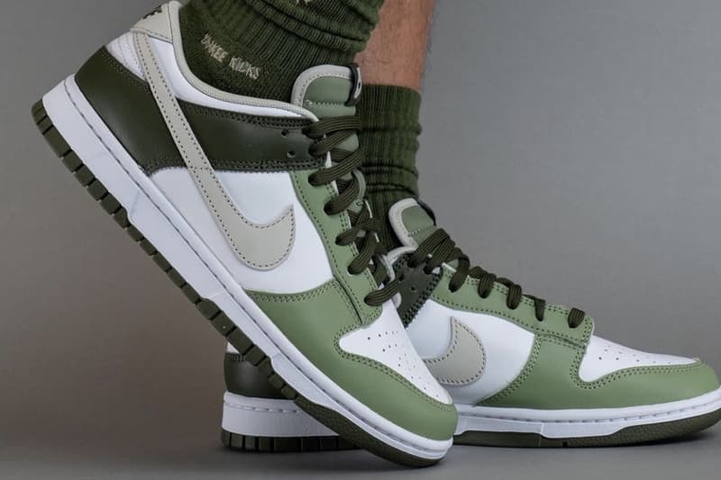 On-Feet Look at the Nike Dunk Low "Oil Green" FN6882-100 White/Light Bone-Oil Green-Cargo Khaki release info 