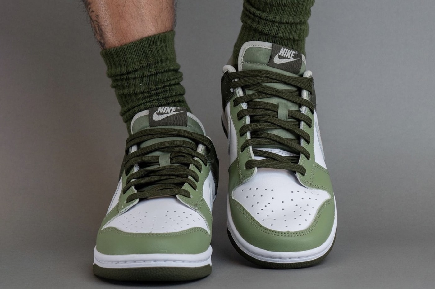 On-Feet Look at the Nike Dunk Low "Oil Green" FN6882-100 White/Light Bone-Oil Green-Cargo Khaki release info 