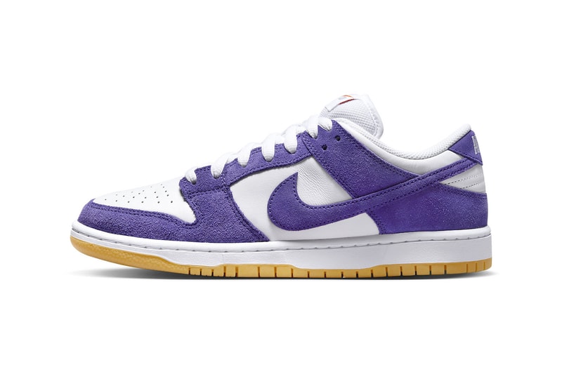 Official Look at the Nike SB Dunk Low "Court Purple" DV5464-500 Court Purple/Court Purple-White-Gum Light Brown low top los angeles lakers colors 