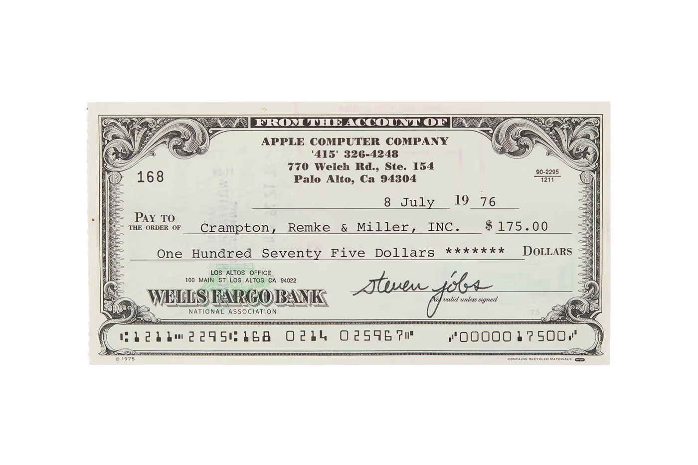 Чек Apple с автографом Стива Джобса, выпущенный в год его основания, отпускная цена 100 000 долларов США.