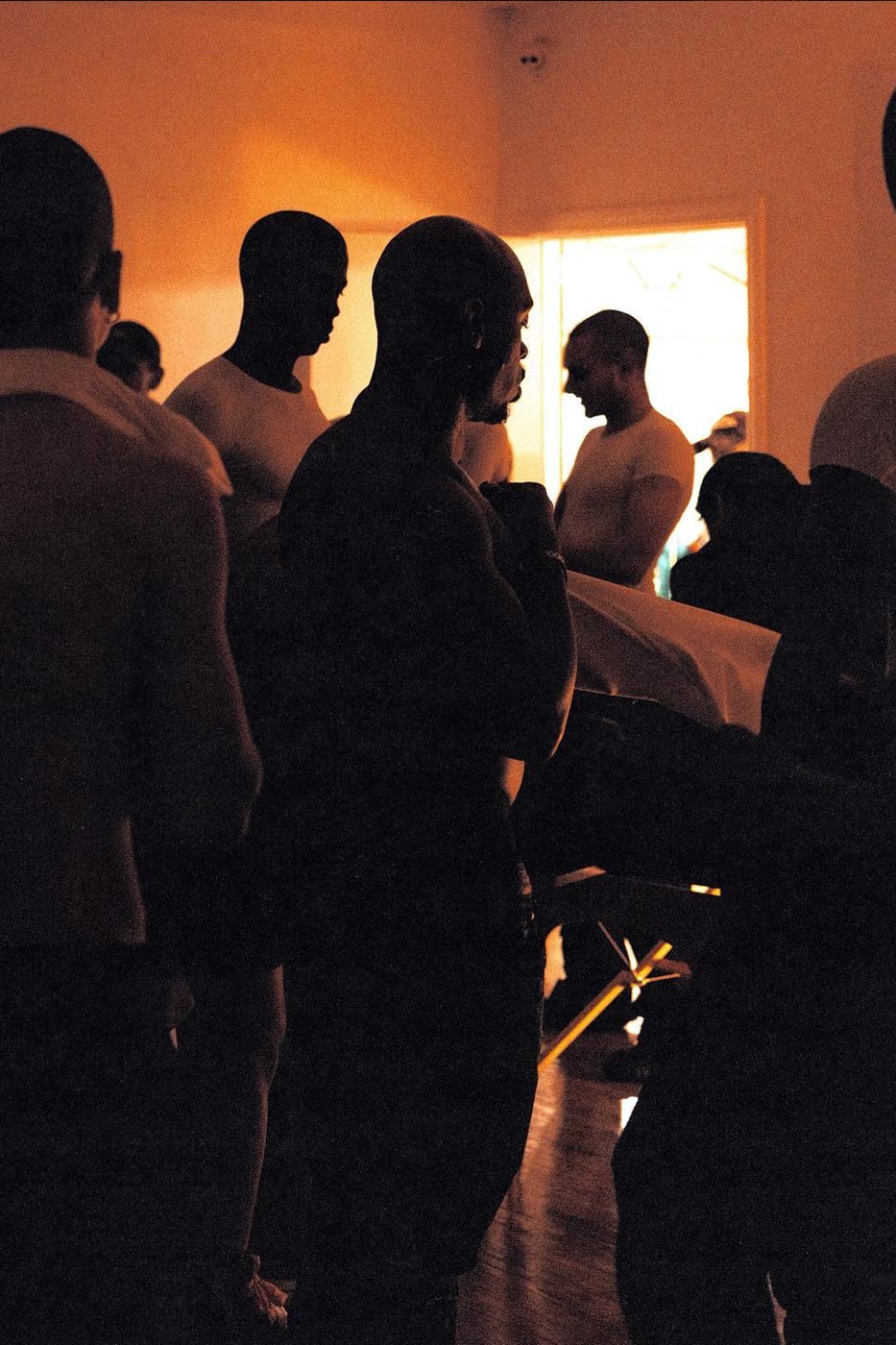 Yeezy Season 10 secret showcase bald shave head white tee casting los angeles onda info