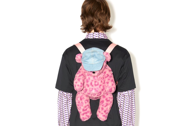 Acne Studios Fluffy Teddy Bear Backpack Pink Leopard Print Denim Cape Face Logo Diamanté Webbing Straps Accessories Release Info