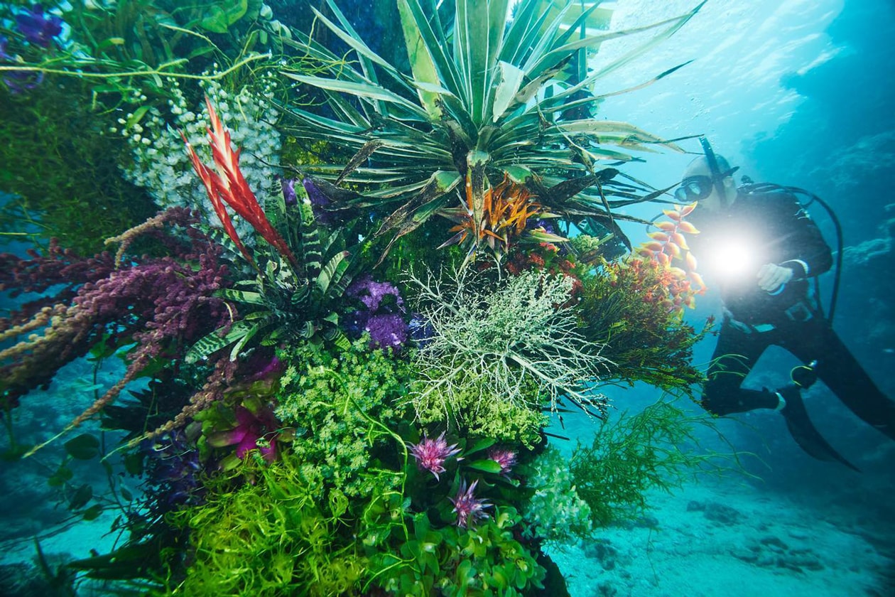 Azuma Makoto Submerges Floral Installation in Uncharted Ocean Waters in bloom artist creative flowers natural world coexist japanese sea nature natural world texture shape color vibrant display installation arrangement