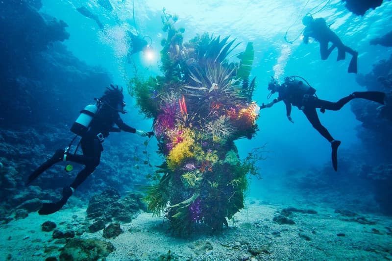 Azuma Makoto Submerges Floral Installation in Uncharted Ocean Waters in bloom artist creative flowers natural world coexist japanese sea nature natural world texture shape color vibrant display installation arrangement