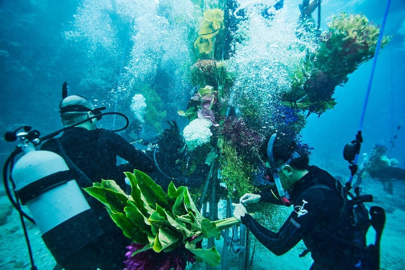 Azuma Makoto Submerges Floral Installation in Uncharted Ocean Waters in bloom artist creative flowers natural world coexist japanese sea nature natural world texture shape color vibrant display installation arrangement