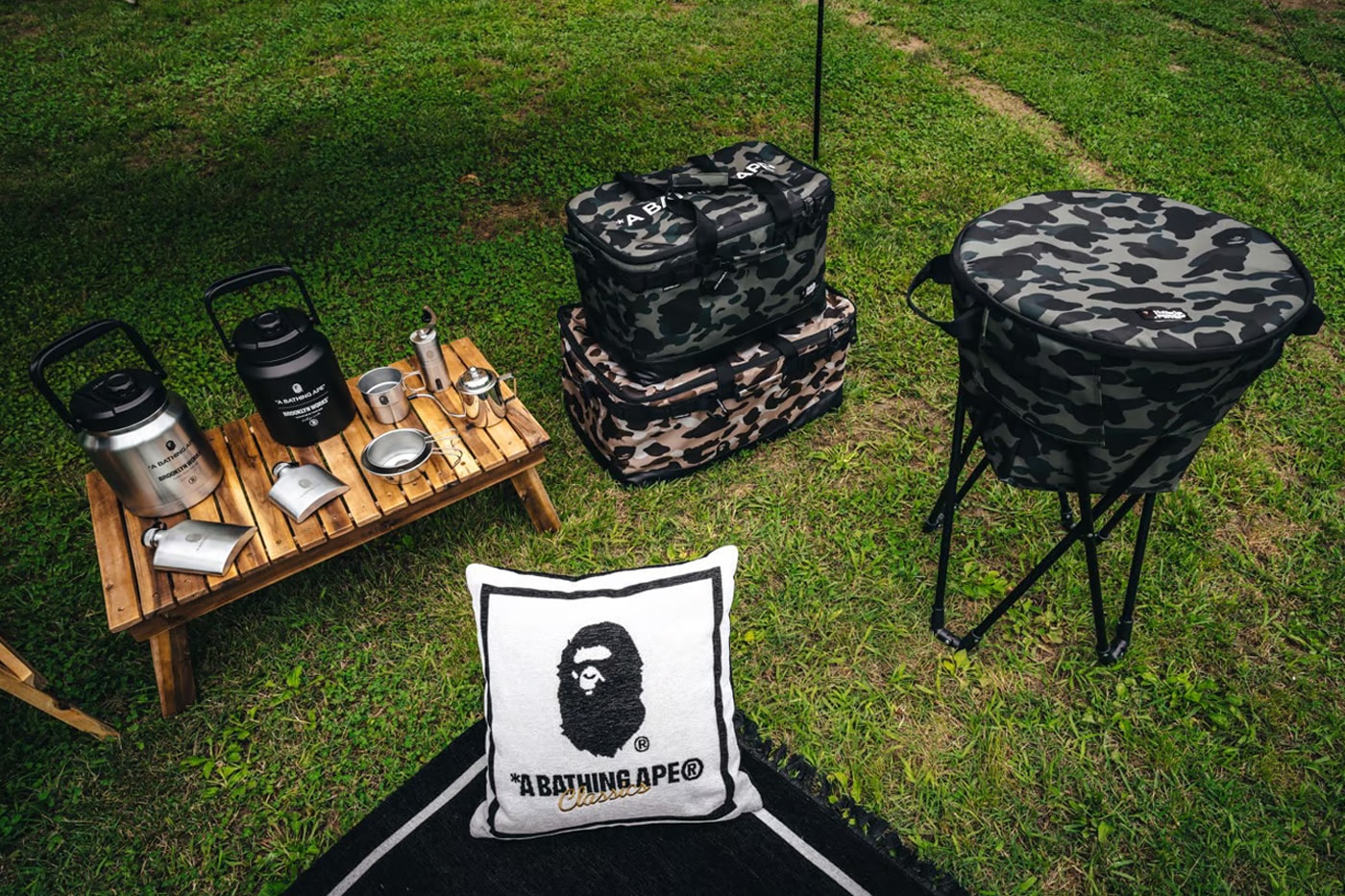 BAPE Goes Camping A Bathing Ape Unveils A Camping Ape outdoor equipment gear kitchenware stackable cups foldable lantern case tent tarp polyester cooler helinox pendleton jaguy japanese popup exhibition collection practical durable versatile