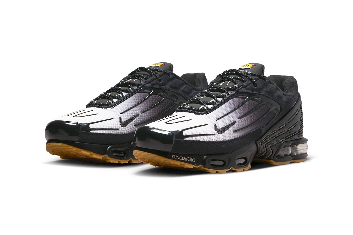 Nike Air Max Plus 3 Surfaces in "Black/Gum" FV0386-001 swoosh technical shoe greyscale upper ombre hues dark black comfort tuned air