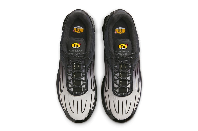 Nike Air Max Plus 3 Surfaces in "Black/Gum" FV0386-001 swoosh technical shoe greyscale upper ombre hues dark black comfort tuned air